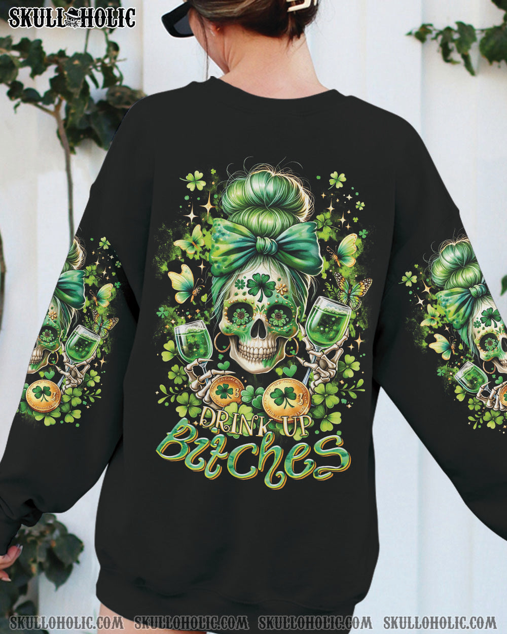 BLISSCORNERS DRINK UP B MESSY BUN SKULL PATRICK'S DAY ALL OVER PRINT