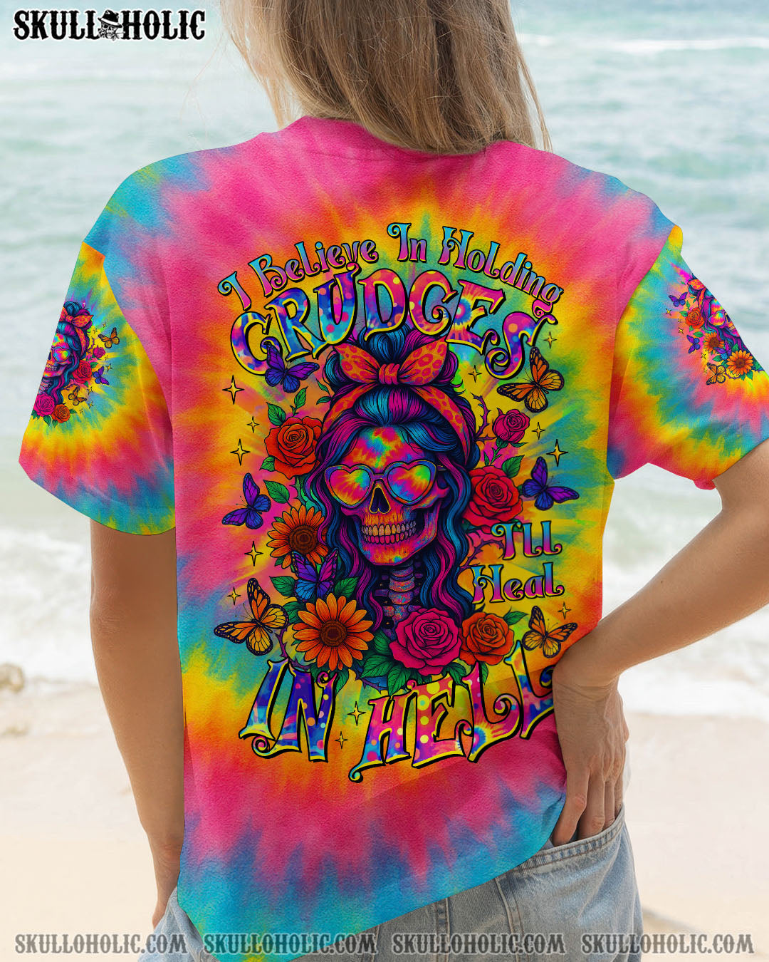 BLISSCORNERS I'LL HEAL IN HELL SKULL FLORAL TIE DYE SKULL LADY ALL OVER PRINT