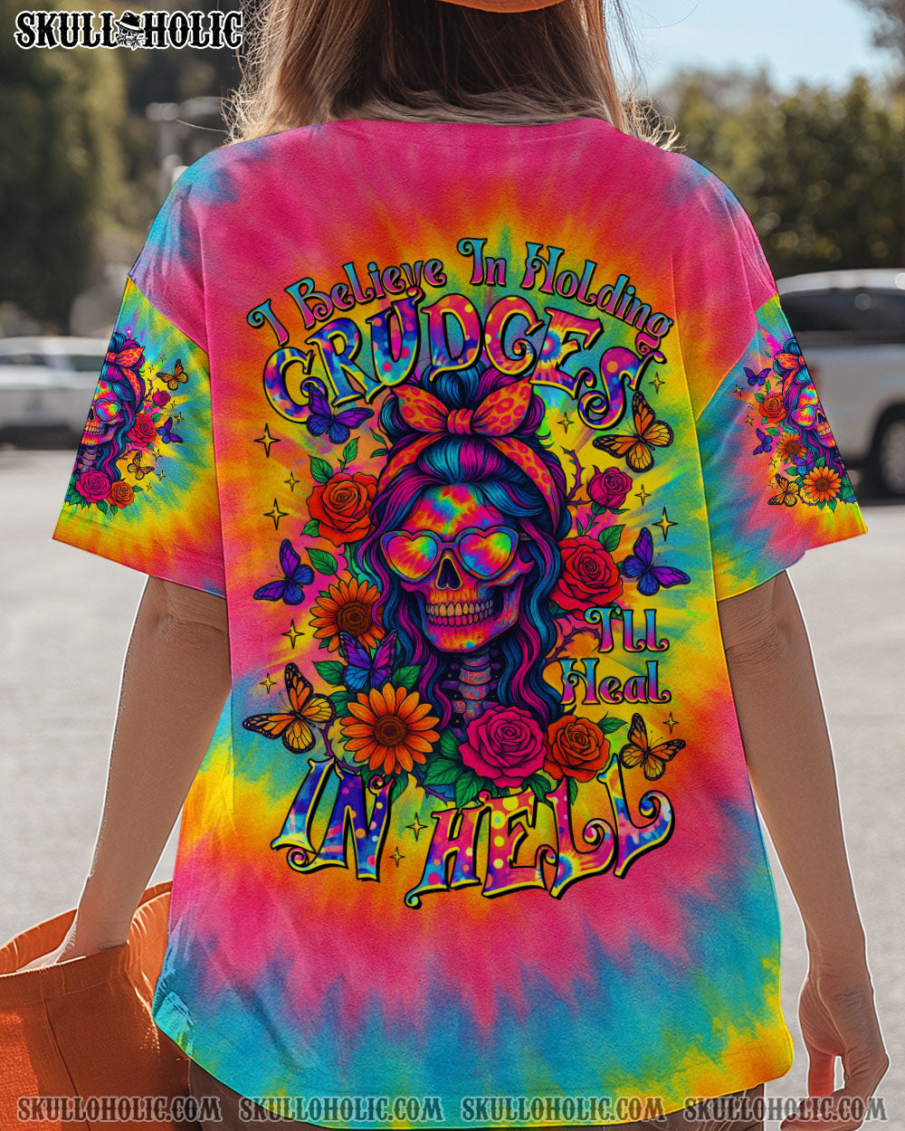BLISSCORNERS I'LL HEAL IN HELL SKULL FLORAL TIE DYE SKULL LADY ALL OVER PRINT