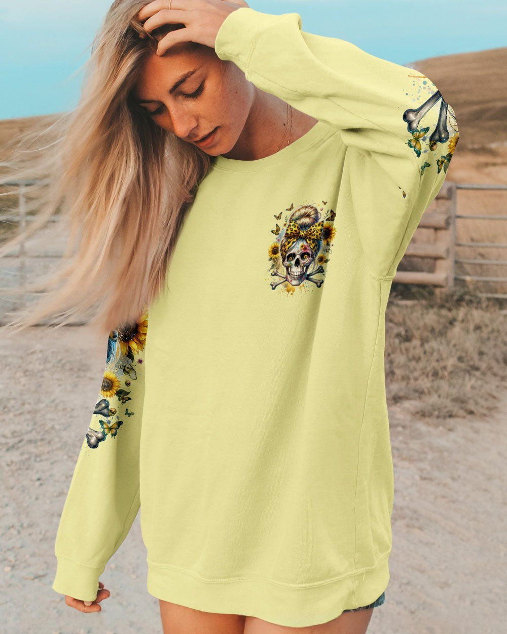 BLISSCORNERS LOVES SKULLS AND HAS TATTOOS MESSY BUN ALL OVER PRINT