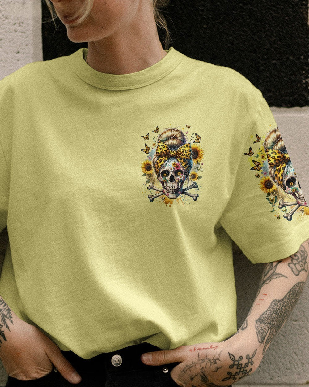 BLISSCORNERS LOVES SKULLS AND HAS TATTOOS MESSY BUN ALL OVER PRINT