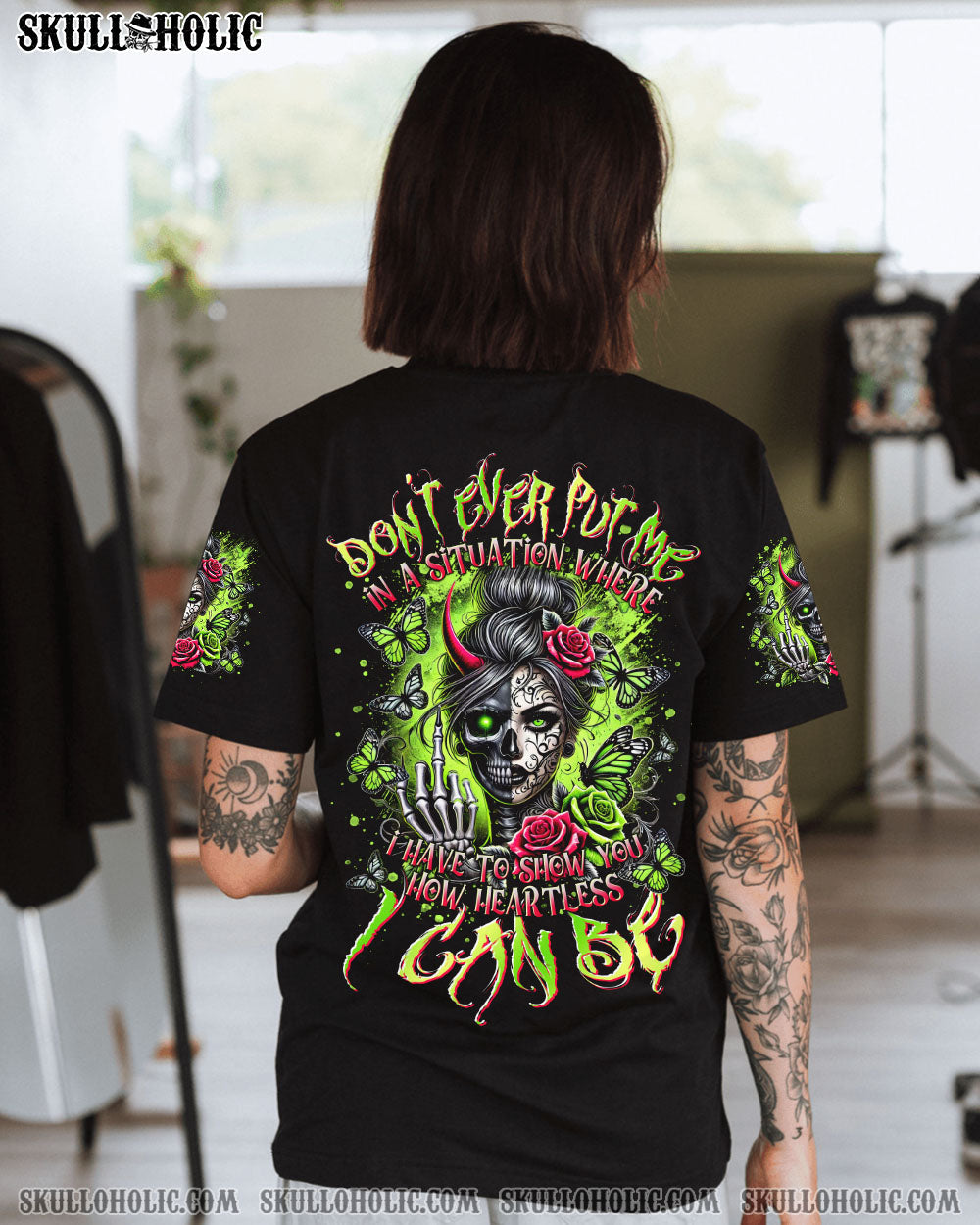 BLISSCORNERS HOW HEARTLESS I CAN BE TATTOO SKULL MESSY BUN TIE DYE ALL OVER PRINT
