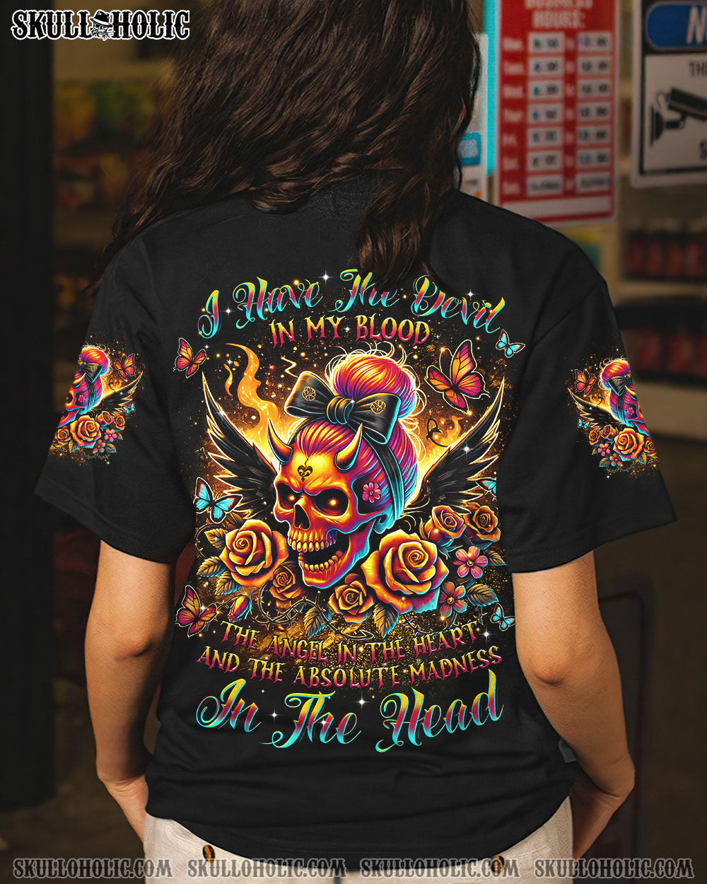 BLISSCORNERS I HAVE THE DEVIL IN MY BLOOD MESSY BUN ALL OVER PRINT