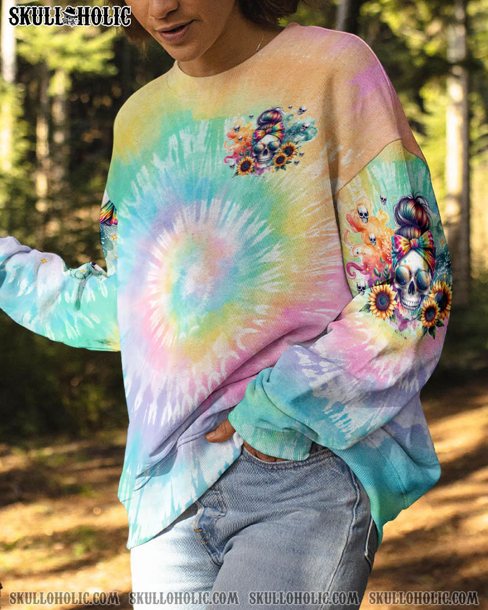 BLISSCORNERS SHE IS SUNSHINE SKULL MESSY BUN ALL OVER PRINT