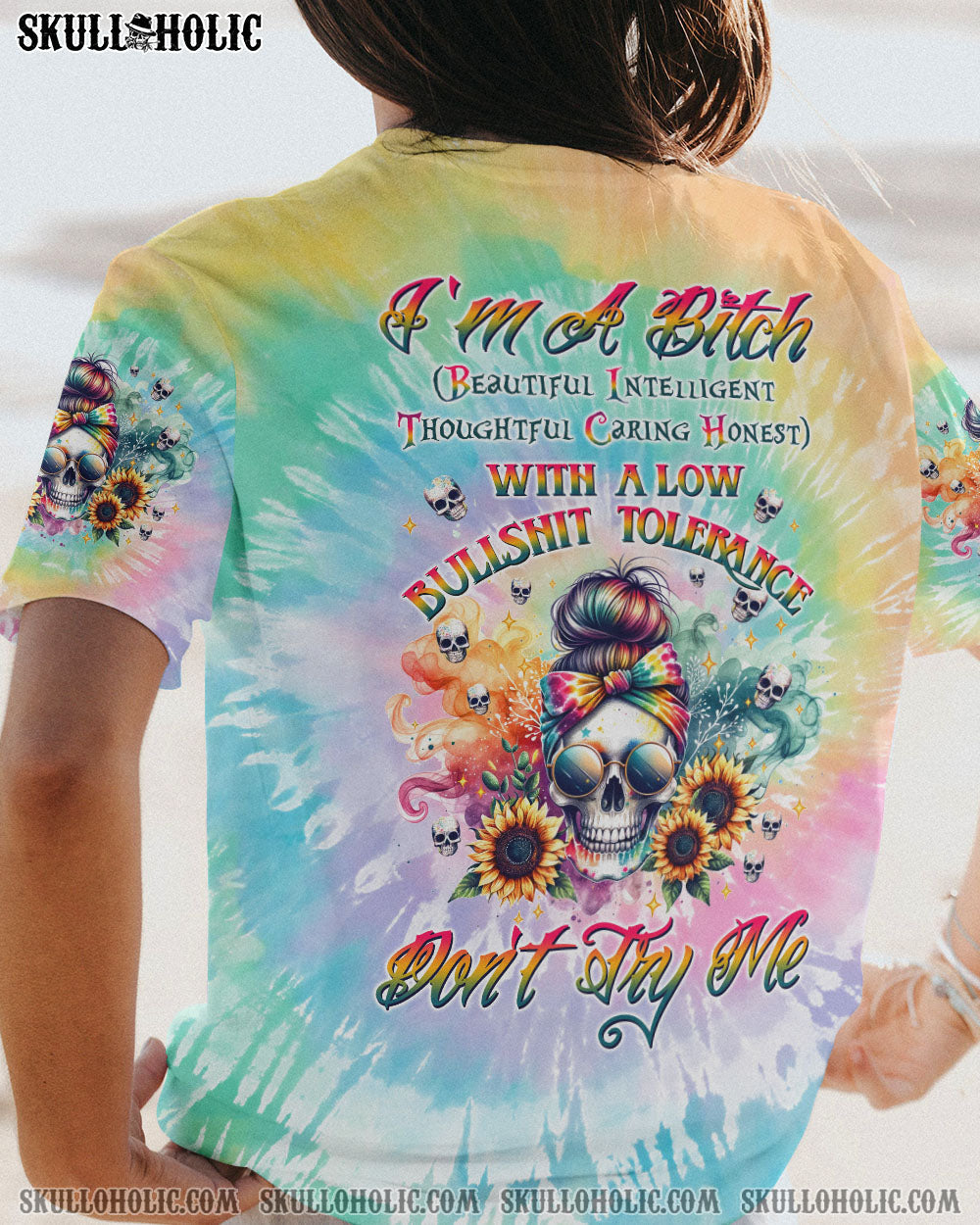 BLISSCORNERS SHE IS SUNSHINE SKULL MESSY BUN ALL OVER PRINT