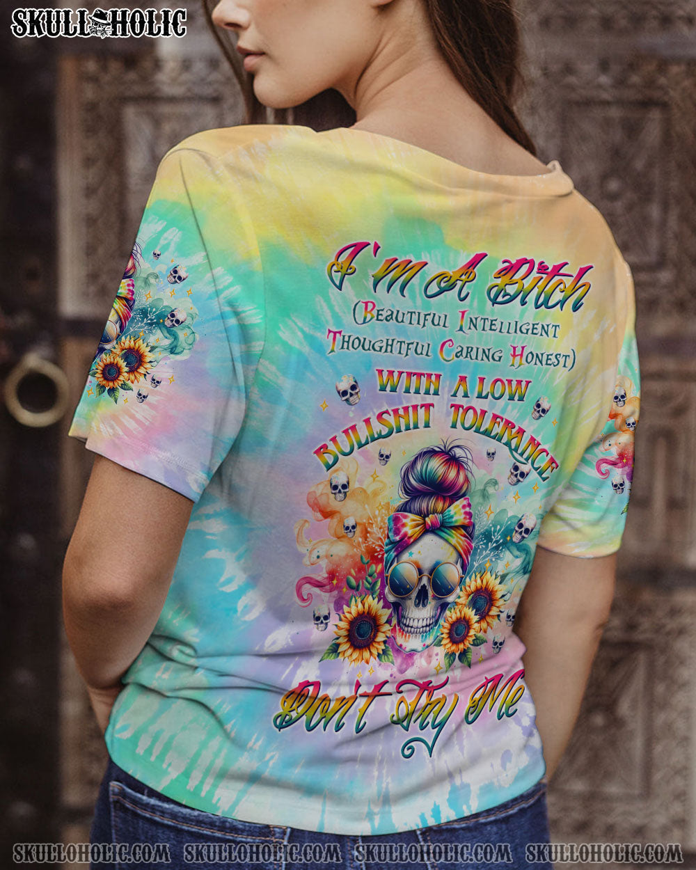 BLISSCORNERS SHE IS SUNSHINE SKULL MESSY BUN ALL OVER PRINT