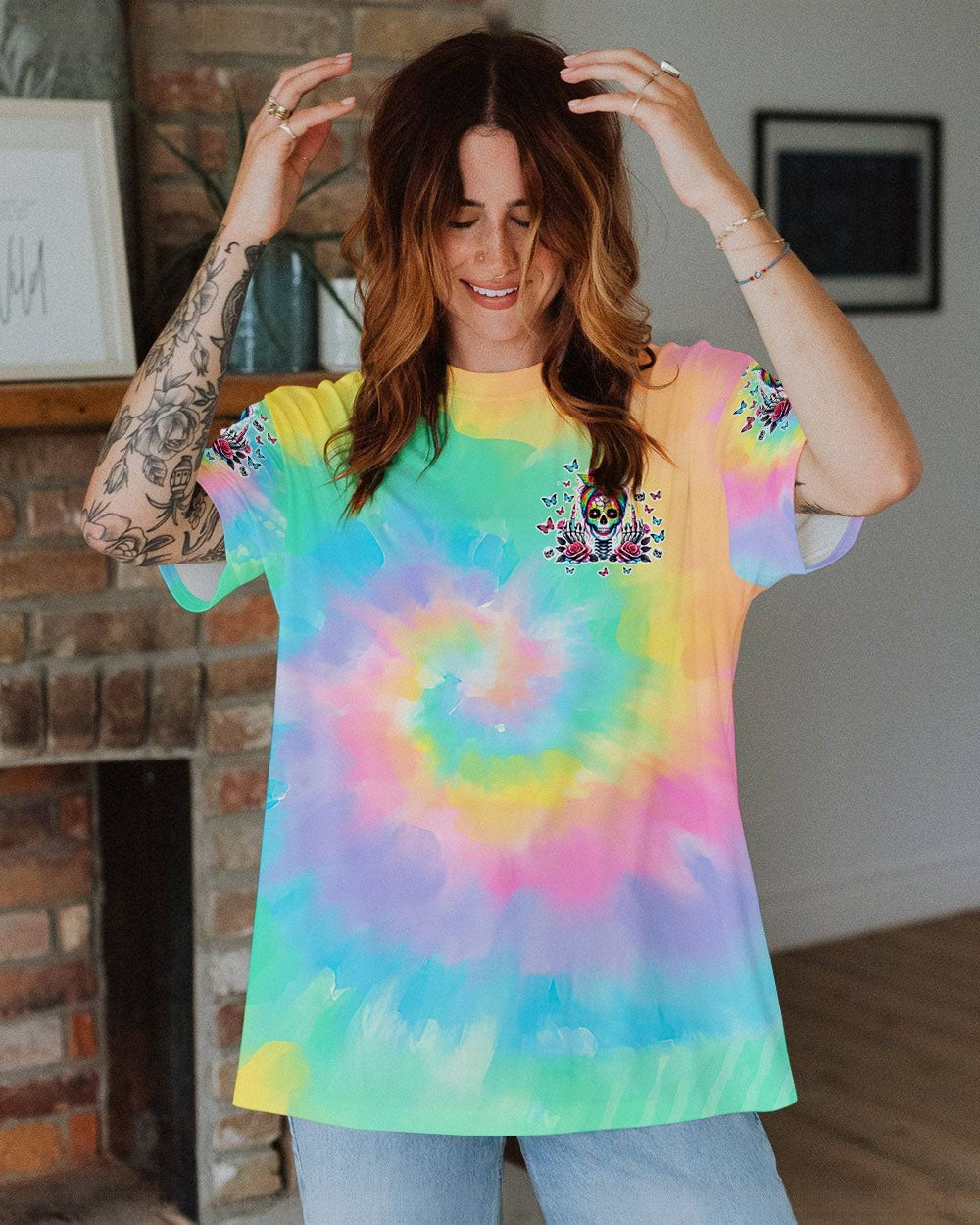 BLISSCORNERS HOW HEARTLESS I CAN BE TATTOO SKULL MESSY BUN ALL OVER PRINT