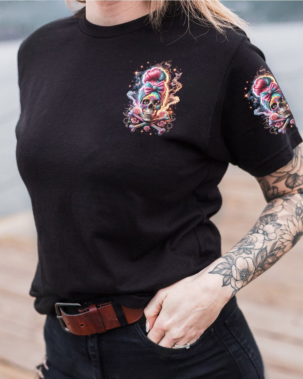 BLISSCORNERS SHE IS SUNSHINE MESSY BUN SKULL ALL OVER PRINT