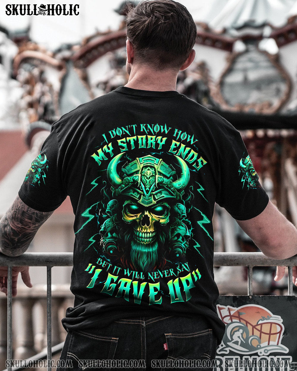 BLISSCORNERS NEVER SAY I GAVE UP SKULL WARRIOR VIKING ALL OVER PRINT