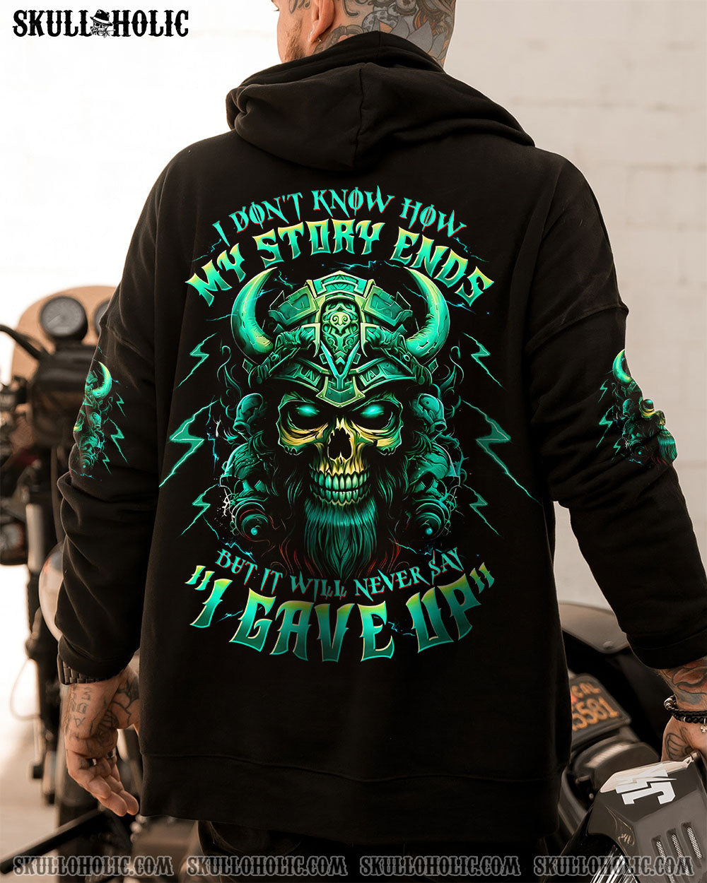 BLISSCORNERS NEVER SAY I GAVE UP SKULL WARRIOR VIKING ALL OVER PRINT