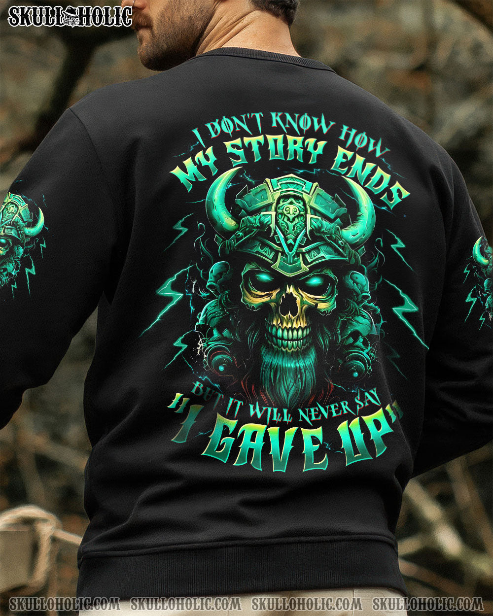 BLISSCORNERS NEVER SAY I GAVE UP SKULL WARRIOR VIKING ALL OVER PRINT