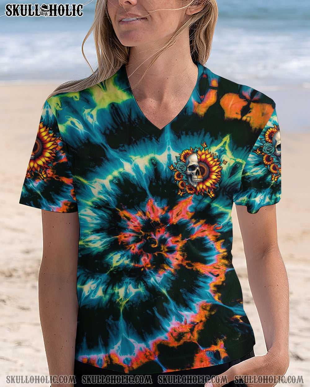 BLISSCORNERS SHE IS SUNSHINE SUNFLOWER SKULL TIE DYE ALL OVER PRINT
