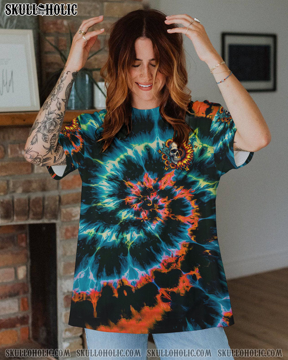 BLISSCORNERS SHE IS SUNSHINE SUNFLOWER SKULL TIE DYE ALL OVER PRINT