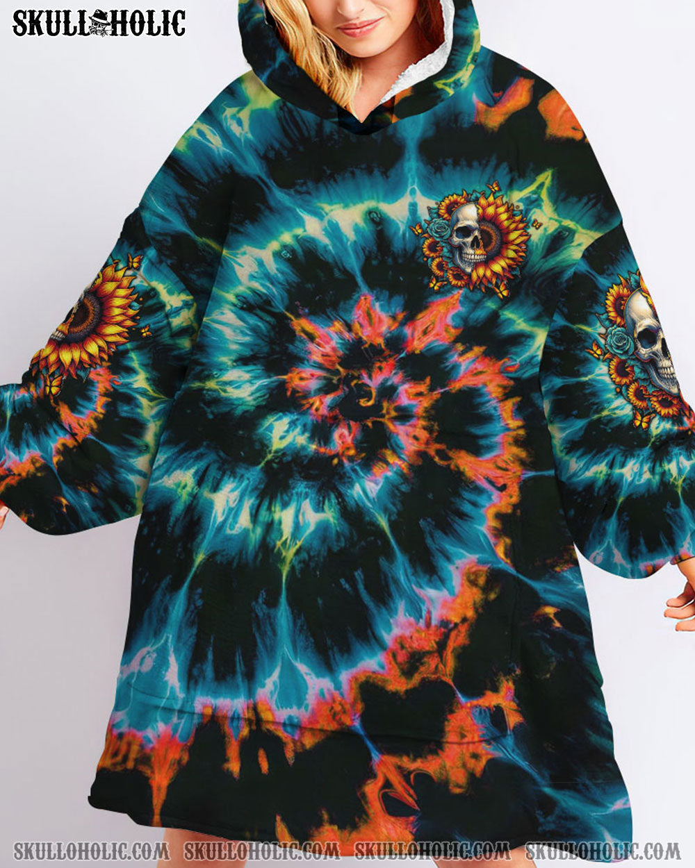BLISSCORNERS DON'T TRY TO FIGURE ME OUT SKULL SUNFLOWER SHERPA BLANKET HOODIE