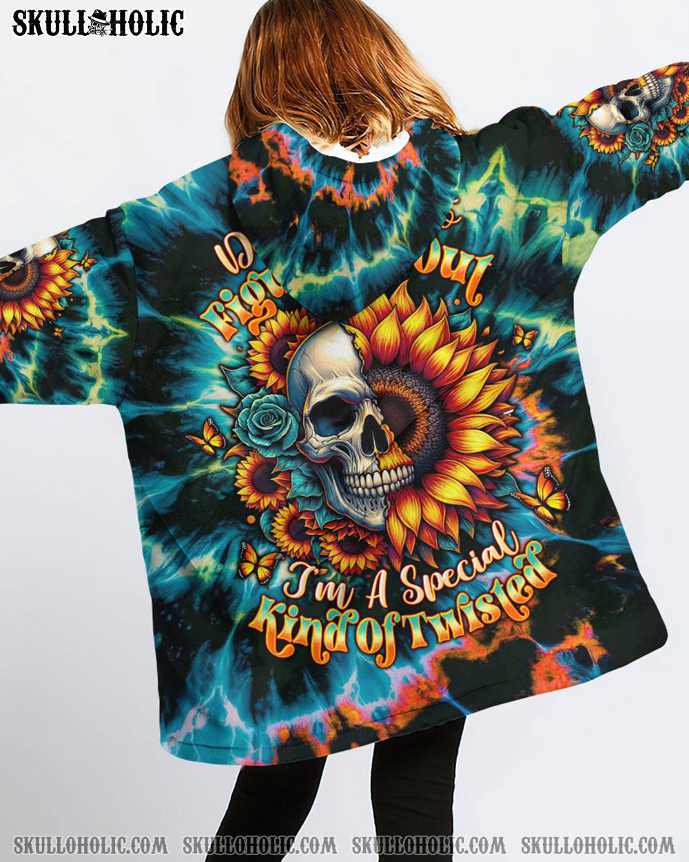 BLISSCORNERS DON'T TRY TO FIGURE ME OUT SKULL SUNFLOWER SHERPA BLANKET HOODIE