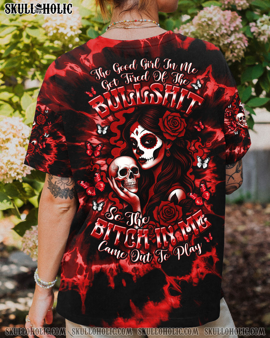 BLISSCORNERS THE GOOD GIRL IN ME SKULL LADY TIE DYE ALL OVER PRINT