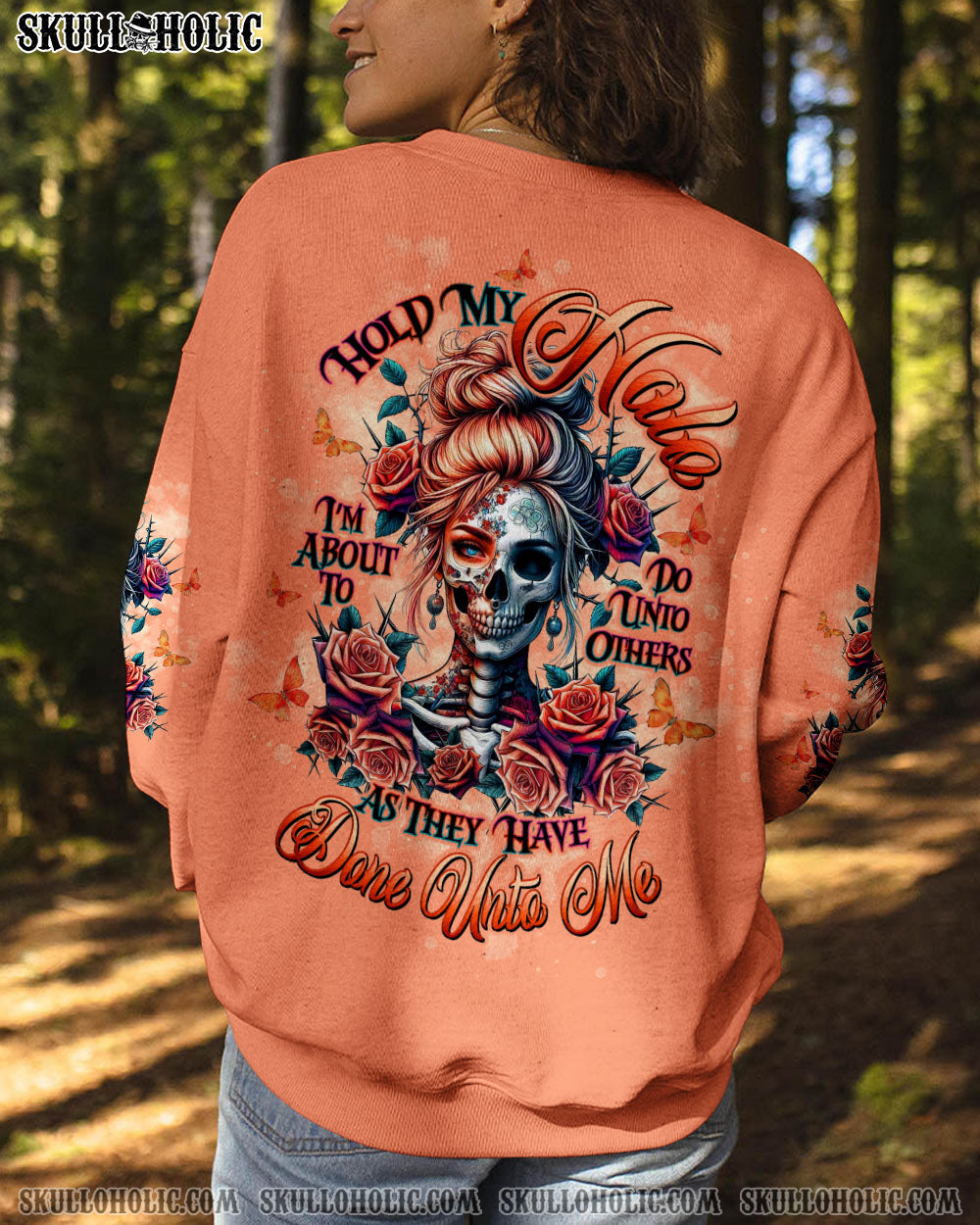 BLISSCORNERS HOLD MY HALO SKULL MESSY BUN ALL OVER PRINT