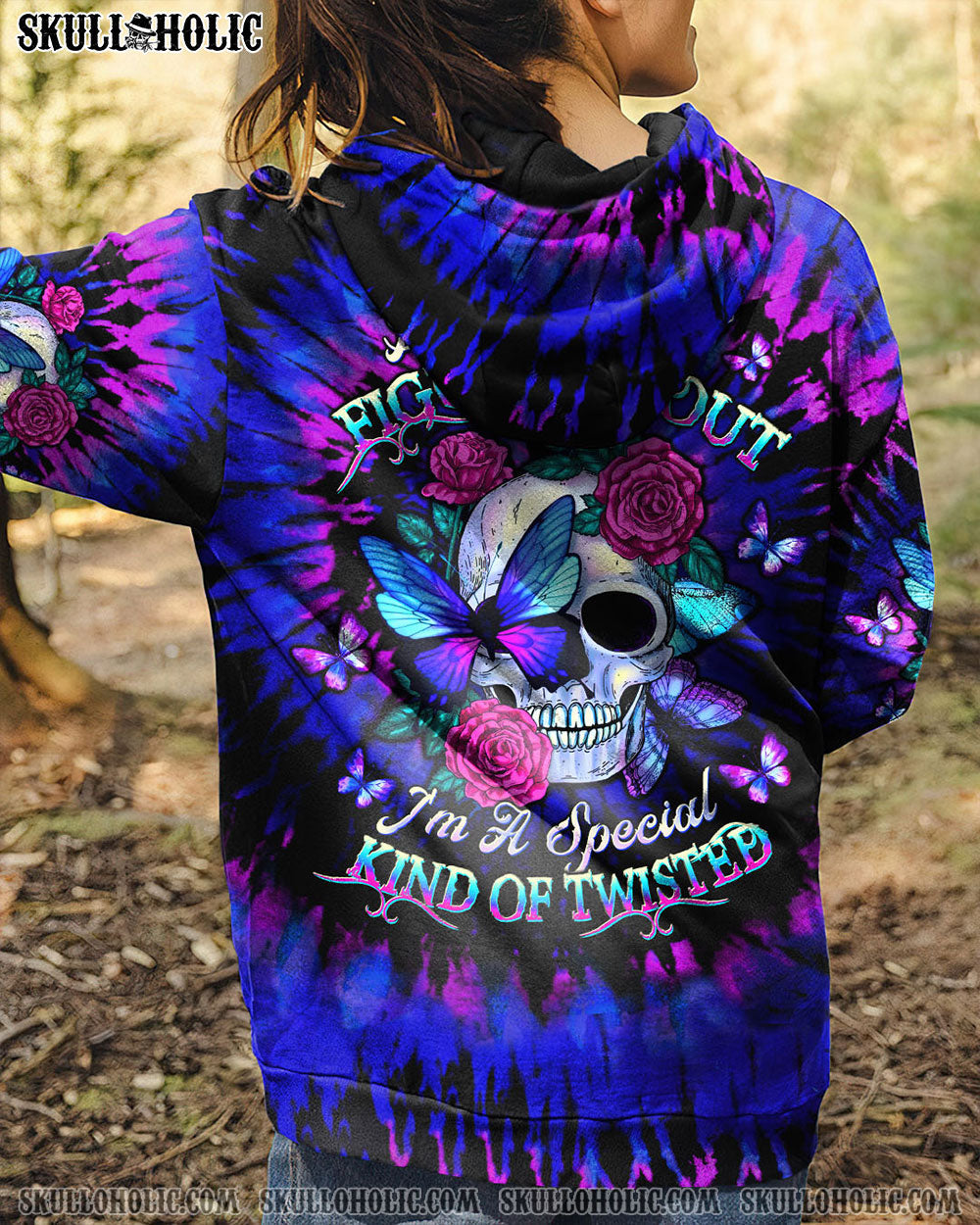 BLISSCORNERS DON'T TRY TO FIGURE ME OUT SKULL ROSE BUTTERFLY TIE DYE ALL OVER PRINT
