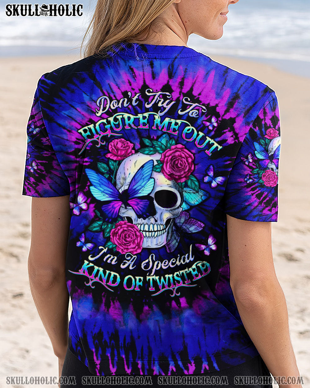 BLISSCORNERS DON'T TRY TO FIGURE ME OUT SKULL ROSE BUTTERFLY TIE DYE ALL OVER PRINT