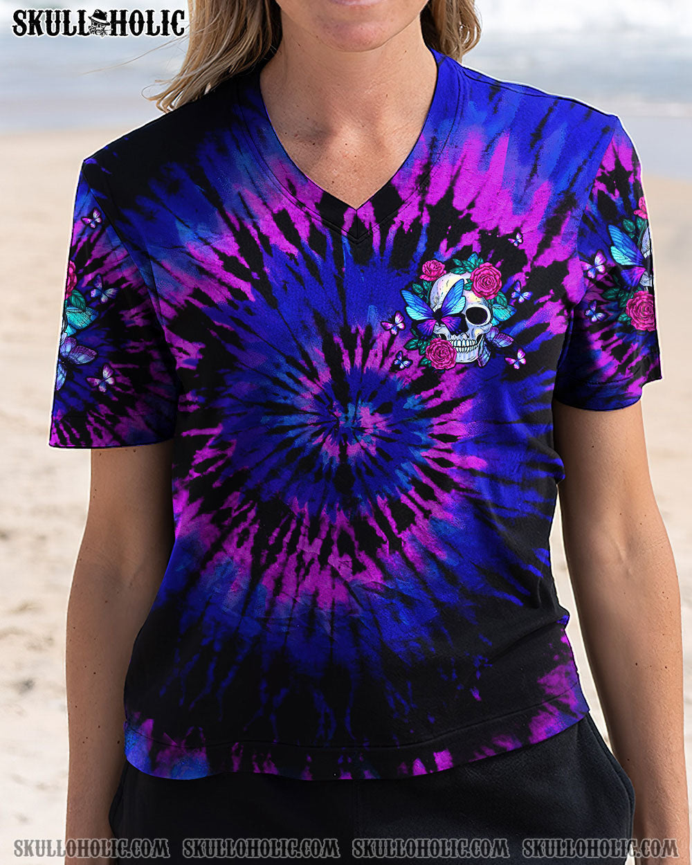 BLISSCORNERS DON'T TRY TO FIGURE ME OUT SKULL ROSE BUTTERFLY TIE DYE ALL OVER PRINT