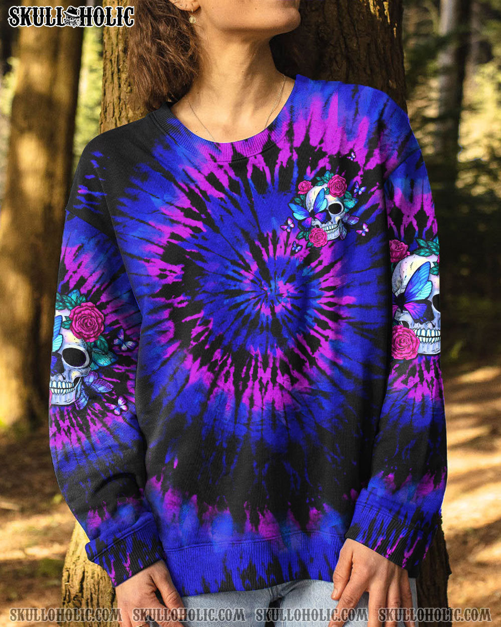 BLISSCORNERS DON'T TRY TO FIGURE ME OUT SKULL ROSE BUTTERFLY TIE DYE ALL OVER PRINT