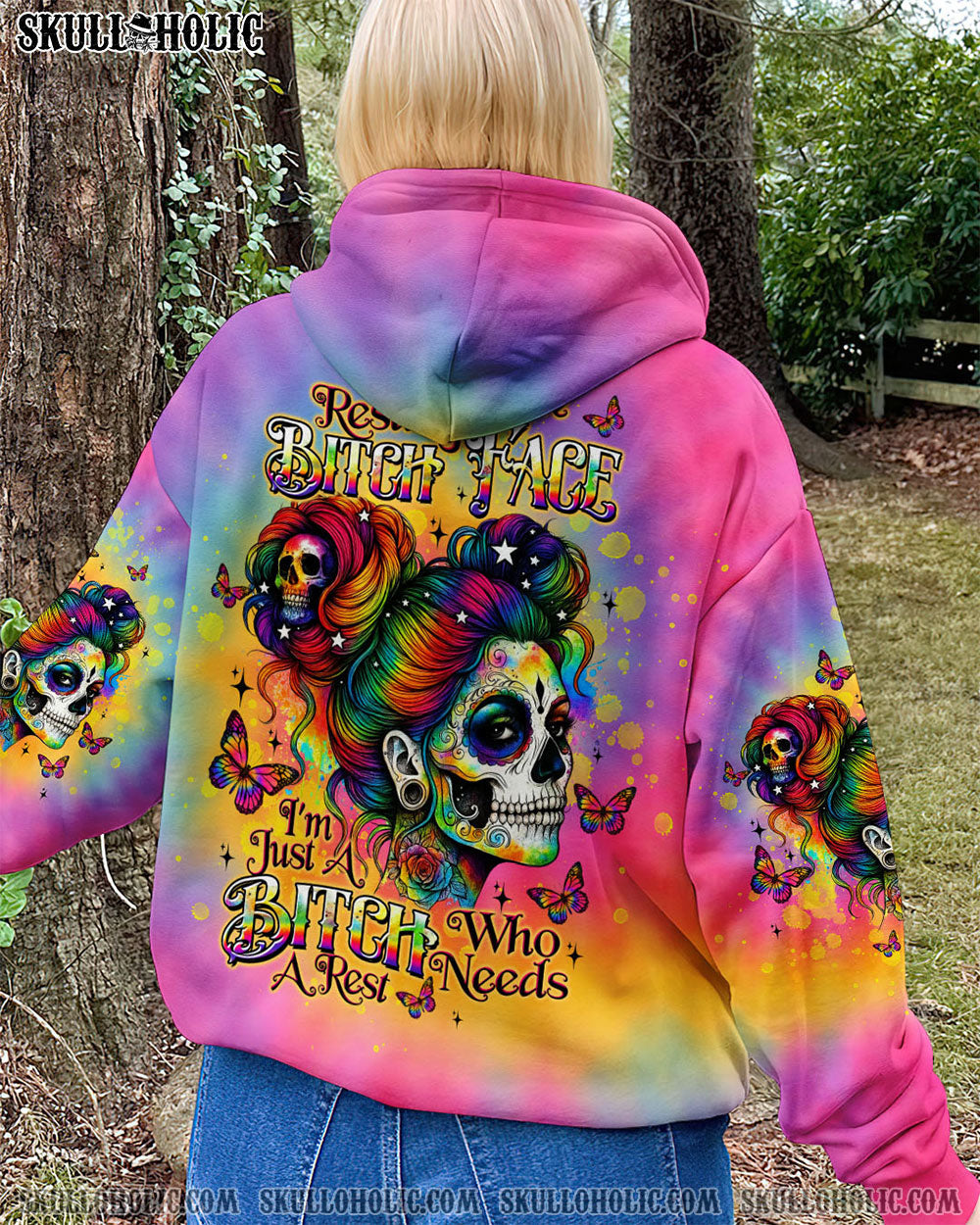 BLISSCORNERS I DON'T HAVE RESTING B FACE SKULL TIE DYE ALL OVER PRINT