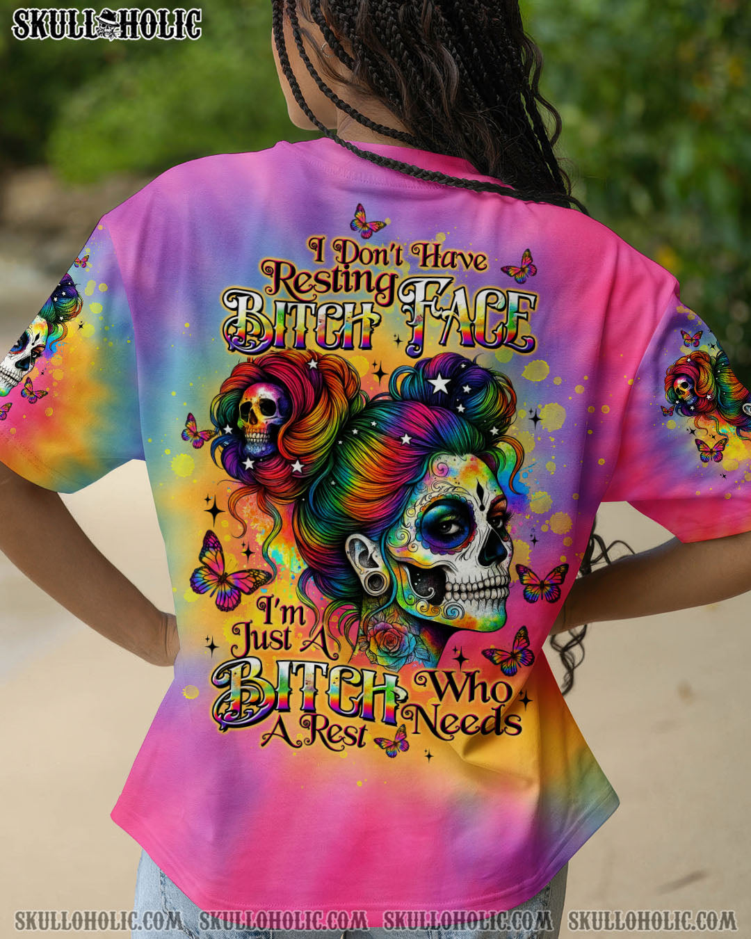 BLISSCORNERS I DON'T HAVE RESTING B FACE SKULL TIE DYE ALL OVER PRINT