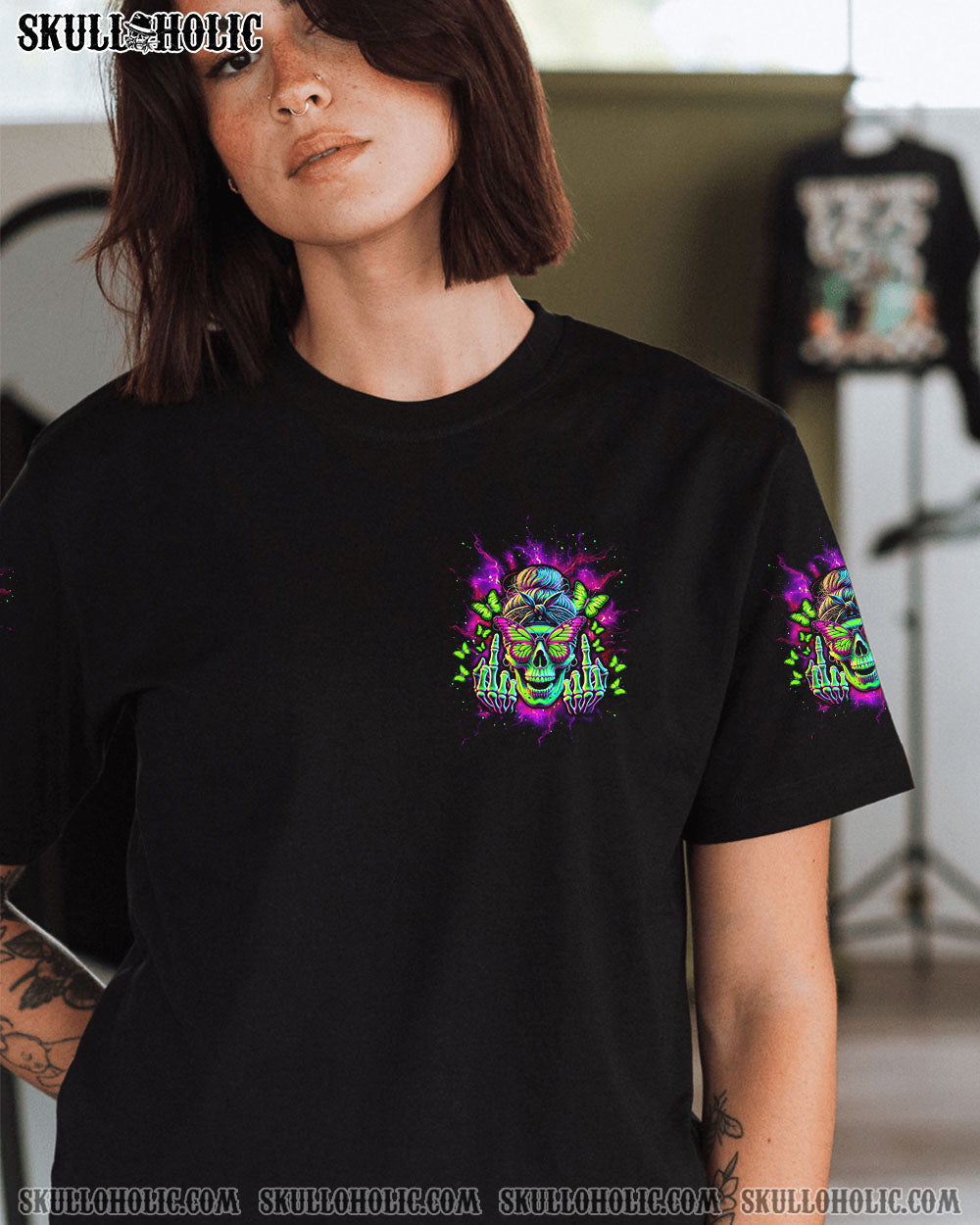 BLISSCORNERS THE GOOD GIRL IN ME MESSY BUN SKULL ALL OVER PRINT