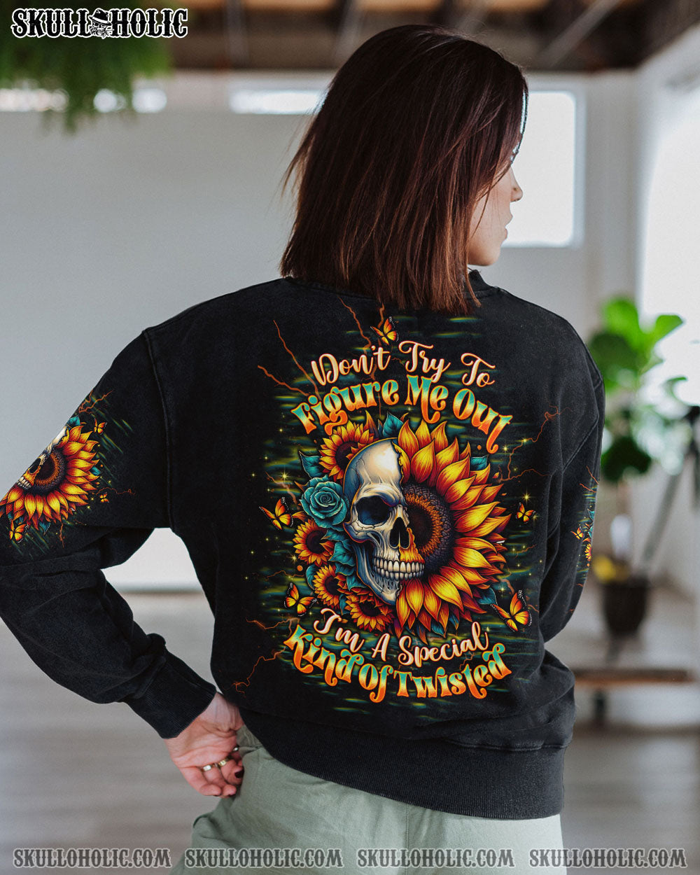 BLISSCORNERS DON'T TRY TO FIGURE ME OUT SKULL SUNFLOWER BLACK ALL OVER PRINT