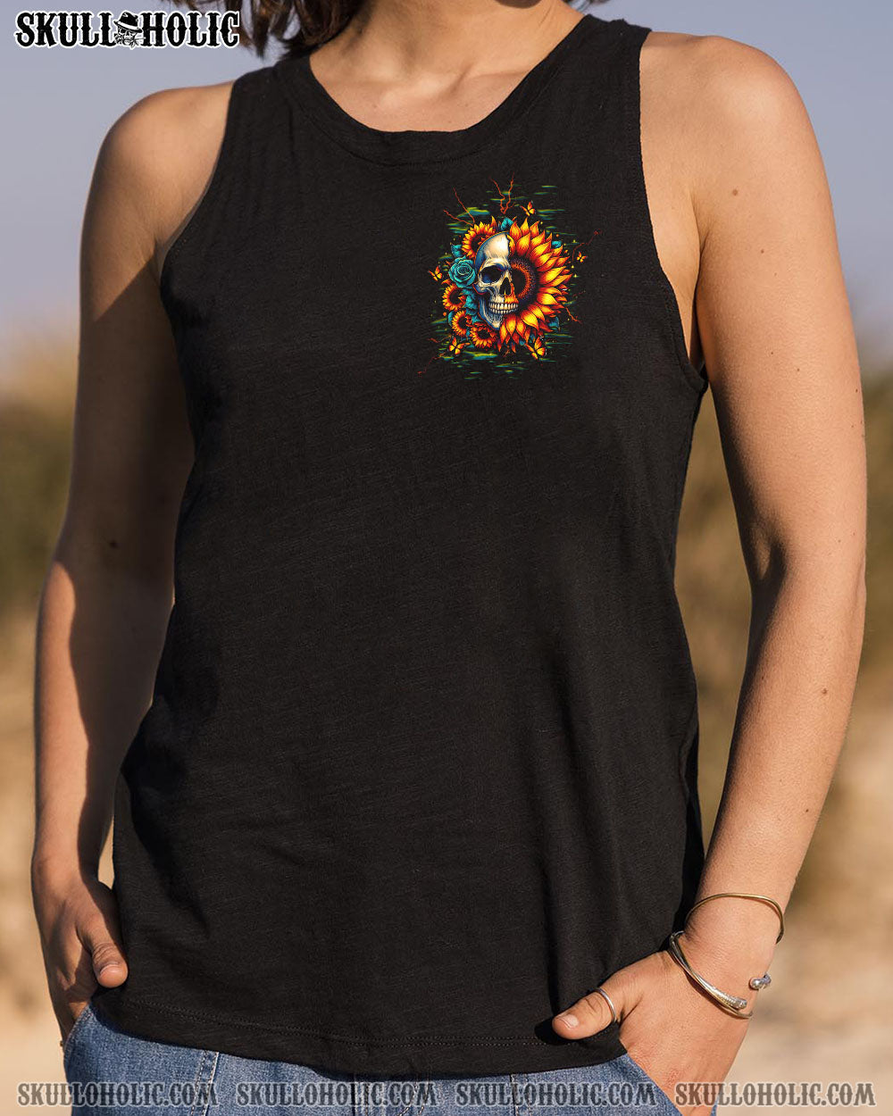 BLISSCORNERS DON'T TRY TO FIGURE ME OUT SKULL SUNFLOWER BLACK ALL OVER PRINT