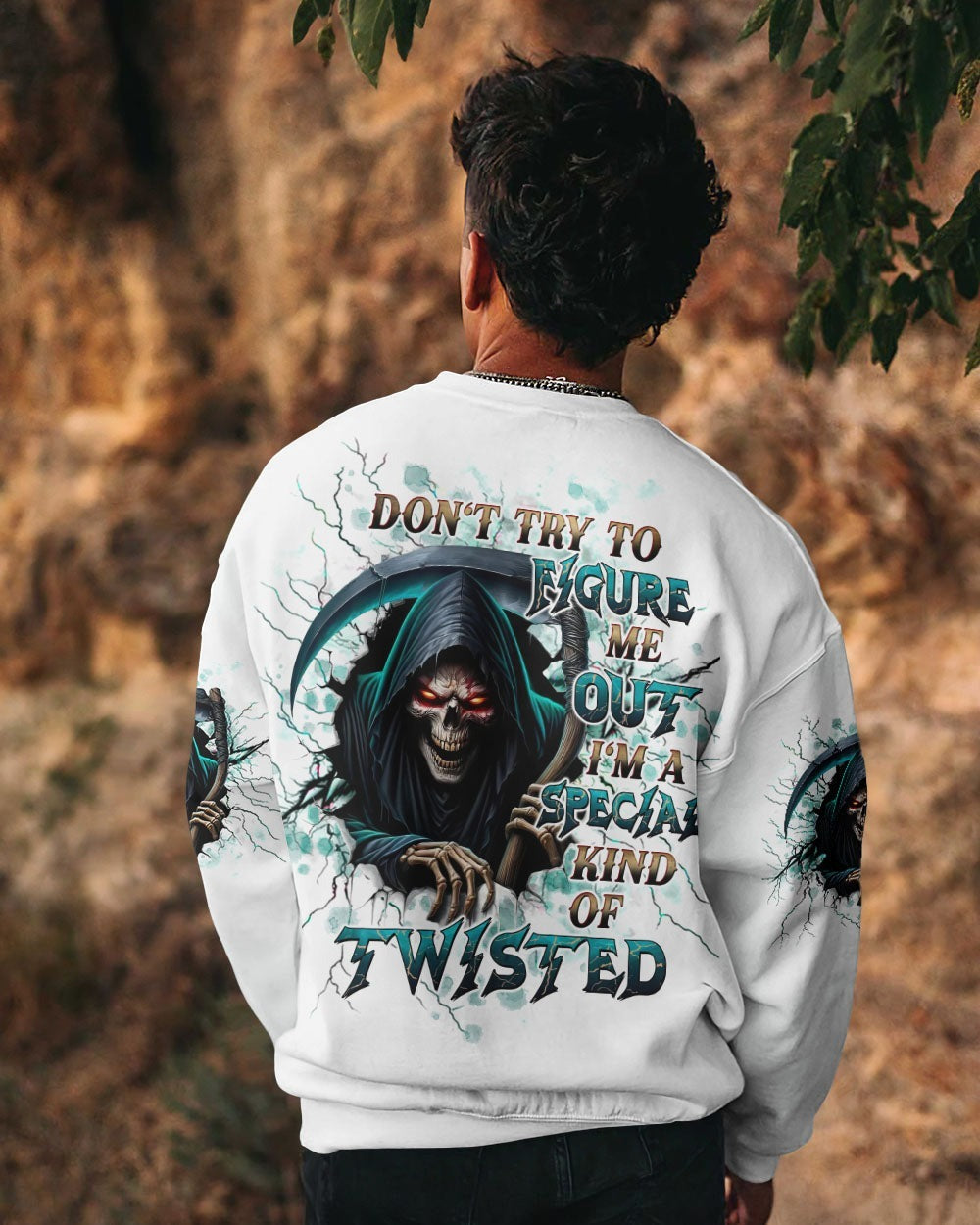 BLISSCORNERS DON'T TRY TO FIGURE ME OUT SKULL REAPER ALL OVER PRINT