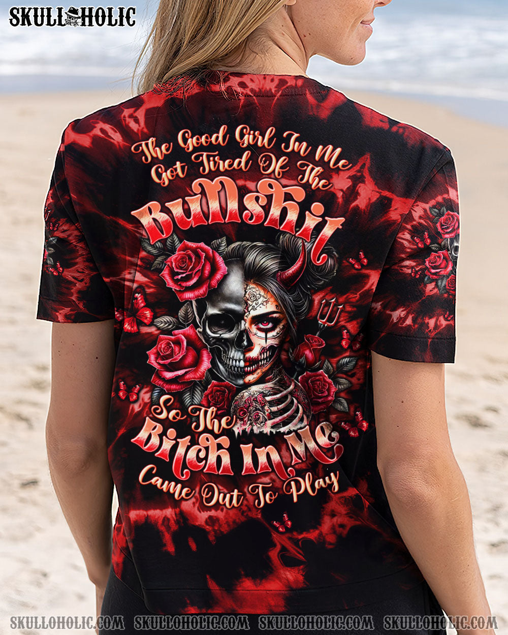 BLISSCORNERS THE GOOD GIRL IN ME HALF SKULL LADY TIE DYE ALL OVER PRINT