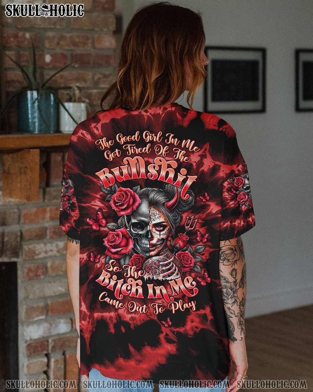 BLISSCORNERS THE GOOD GIRL IN ME HALF SKULL LADY TIE DYE ALL OVER PRINT
