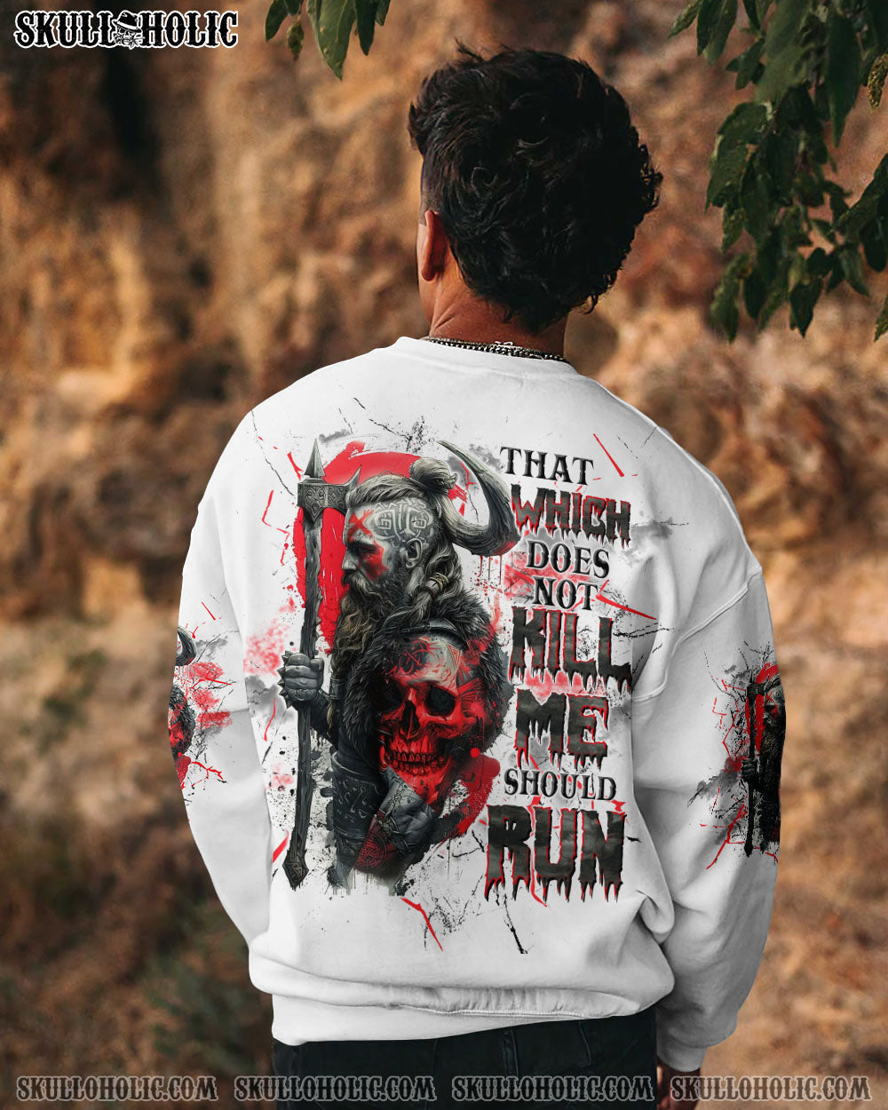 BLISSCORNERS THAT WHICH DOES NOT K ME SHOULD RUN VIKING SKULL ALL OVER PRINT