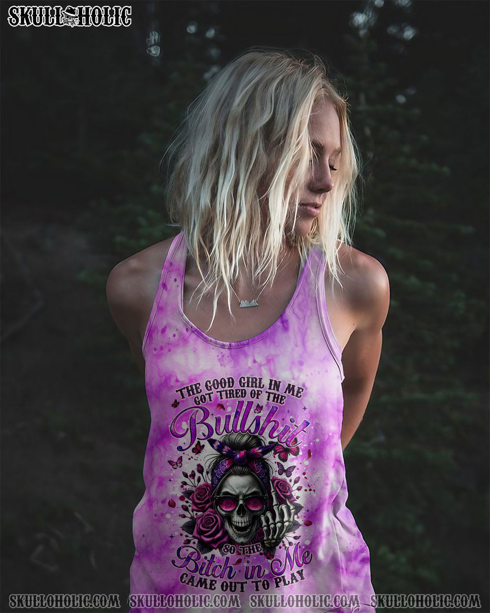 BLISSCORNERS THE GOOD GIRL IN ME MESSY BUN SKULL TIE DYE ALL OVER PRINT