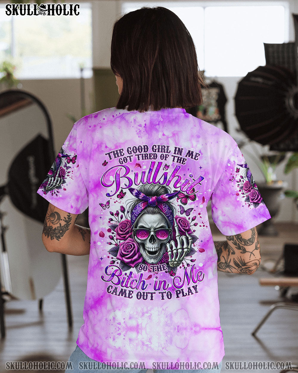 BLISSCORNERS THE GOOD GIRL IN ME MESSY BUN SKULL TIE DYE ALL OVER PRINT