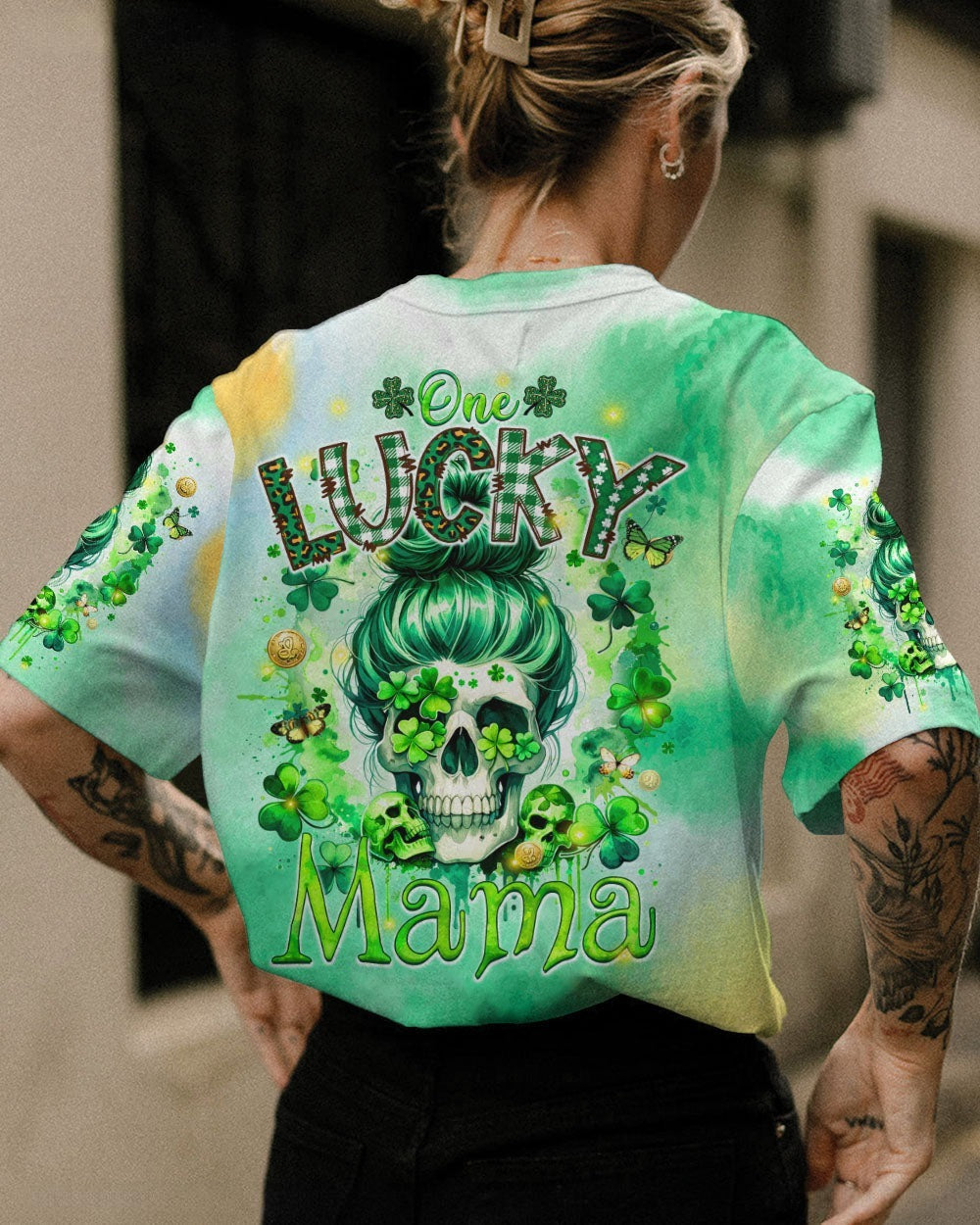 BLISSCORNERS B GIRLS CHUG BEER MESSY BUN SKULL PATRICK'S DAY ALL OVER PRINT