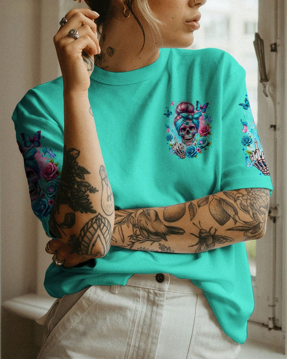 BLISSCORNERS THE GOOD GIRL IN ME MESSY BUN SKULL ALL OVER PRINT
