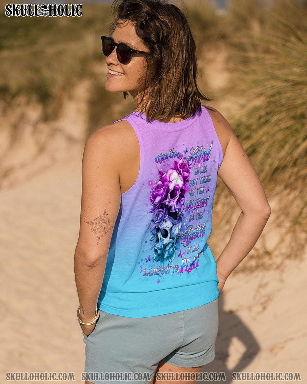 BLISSCORNERS THE GOOD GIRL IN ME GOT TIRED SKULL ROSE ALL OVER PRINT