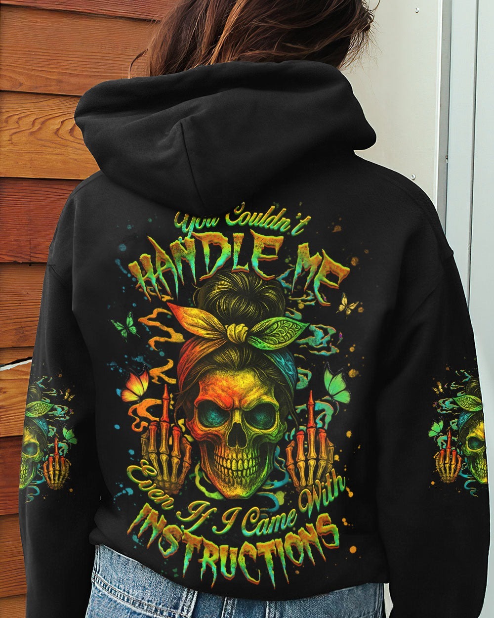 BLISSCORNERS THE GOOD GIRL IN ME SKULL LADY MESSY BUN ALL OVER PRINT