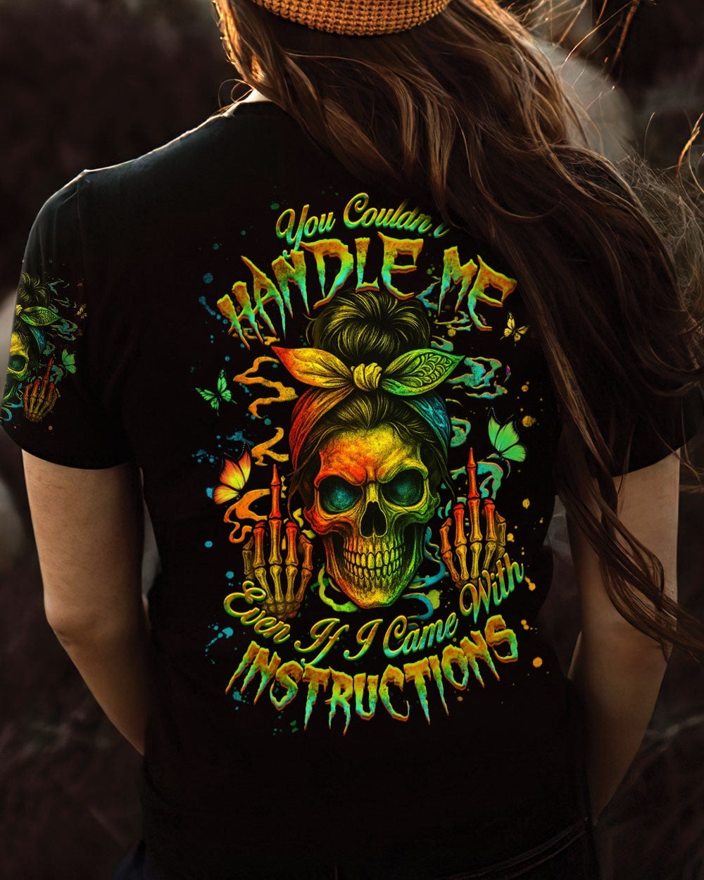 BLISSCORNERS THE GOOD GIRL IN ME SKULL LADY MESSY BUN ALL OVER PRINT