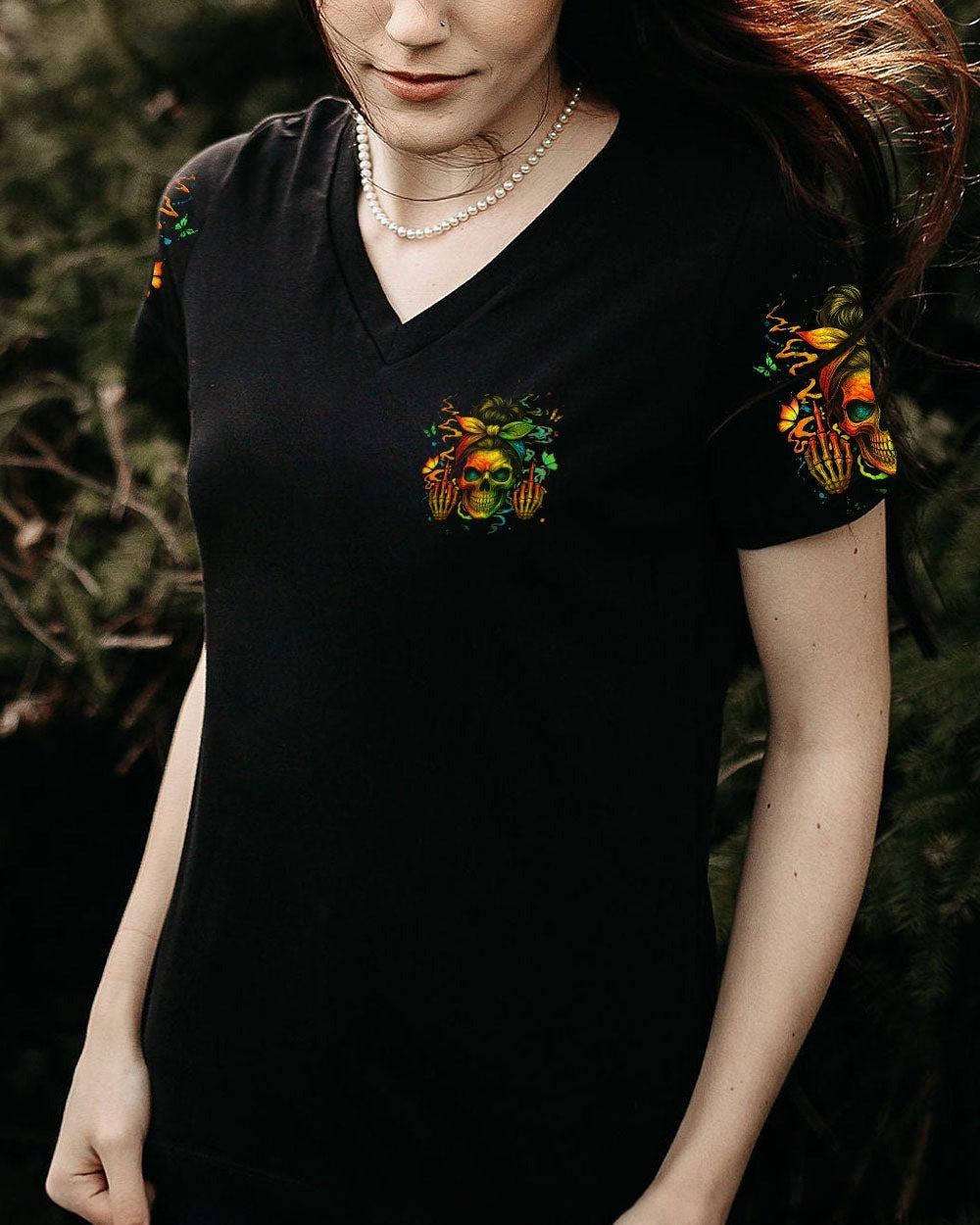 BLISSCORNERS THE GOOD GIRL IN ME SKULL LADY MESSY BUN ALL OVER PRINT