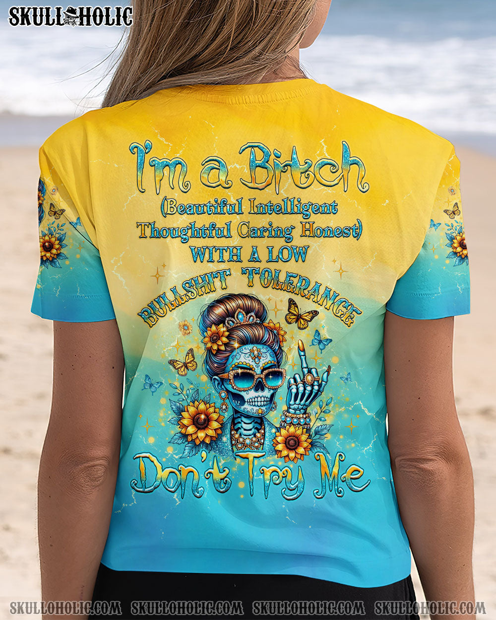 BLISSCORNERS I'M A B DON'T TRY ME SUNFLOWER SKULL ALL OVER PRINT