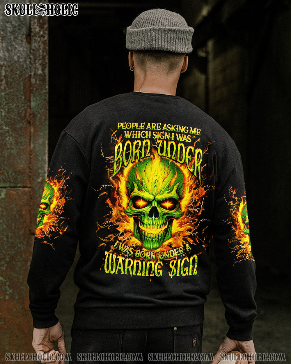 BLISSCORNERS WARNING SIGN FLAMING SKULL ALL OVER PRINT