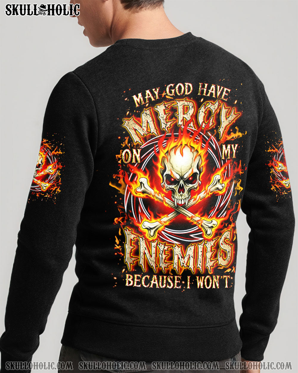 BLISSCORNERS MAY GOD HAVE MERCY ON MY ENEMIES FIRE SKULL ALL OVER PRINT