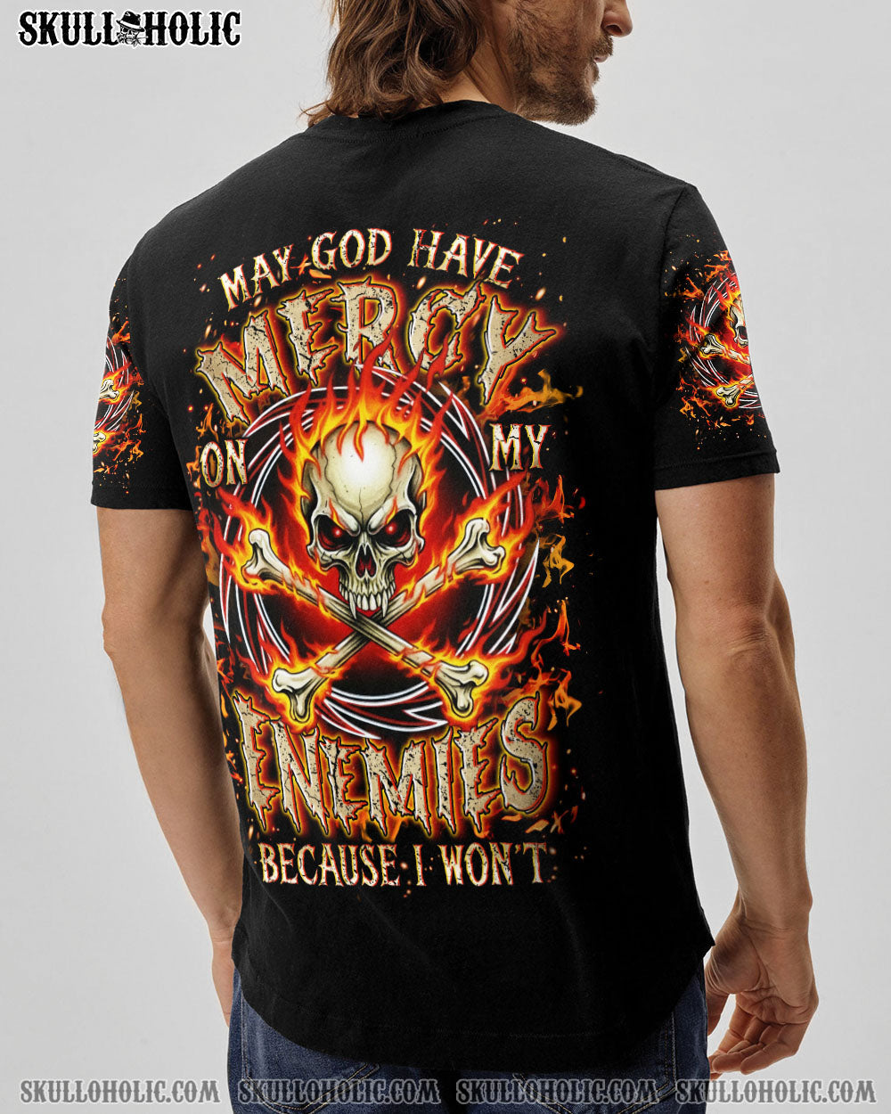 BLISSCORNERS MAY GOD HAVE MERCY ON MY ENEMIES FIRE SKULL ALL OVER PRINT