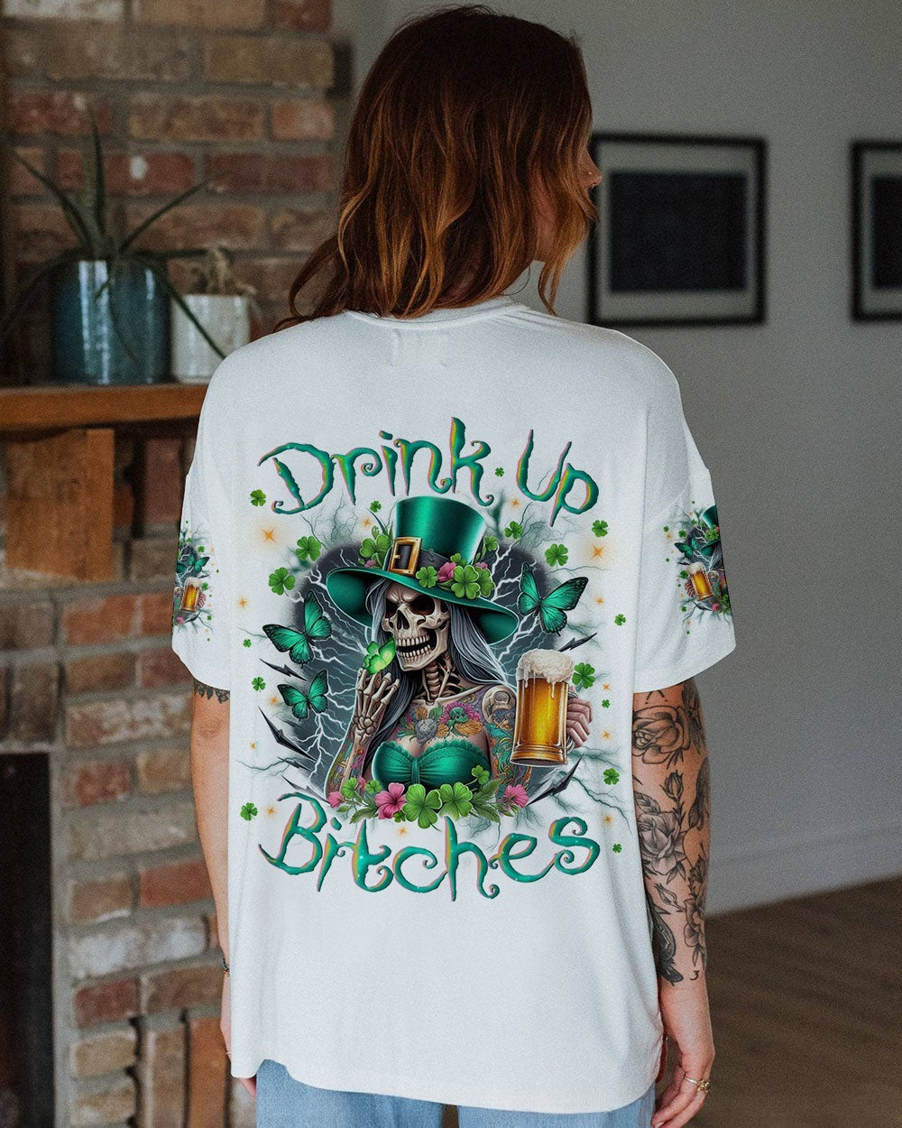 BLISSCORNERS DRINK UP B SKULL LADY PATRICK'S DAY ALL OVER PRINT