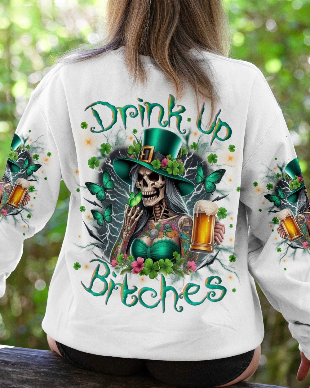 BLISSCORNERS DRINK UP B SKULL LADY PATRICK'S DAY ALL OVER PRINT