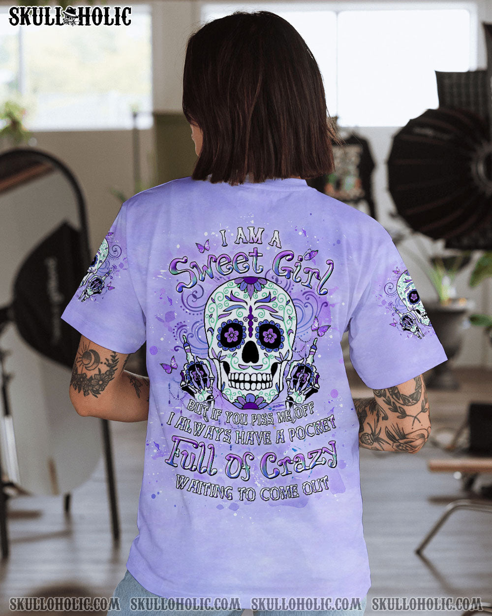 BLISSCORNERS I AM A SWEET GIRL BUT IF YOU PISS ME OFF SUGAR SKULL ALL OVER PRINT