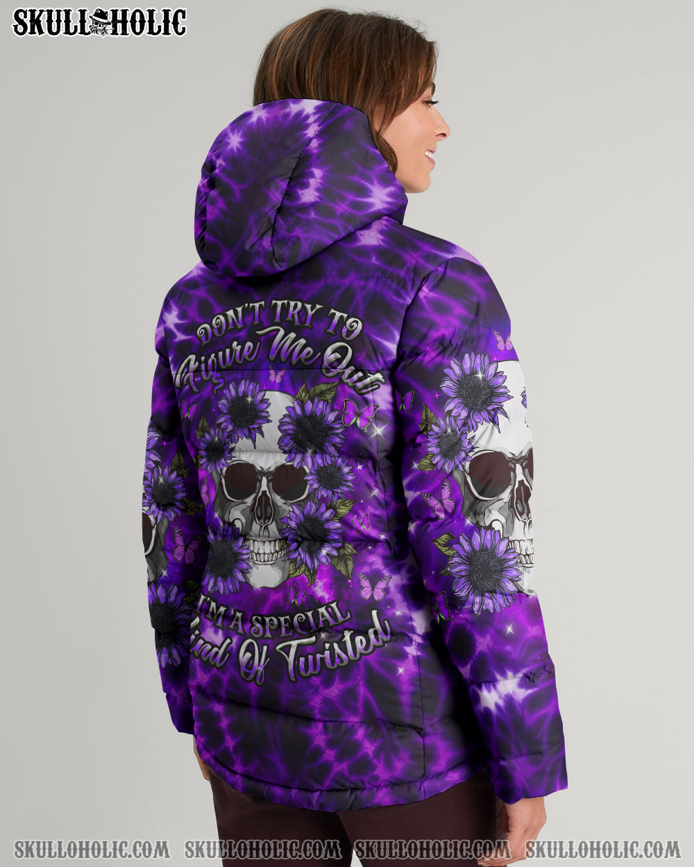 BLISSCORNERS DON'T TRY TO FIGURE ME OUT SKULL FLOWER TIE DYE PUFFER JACKET